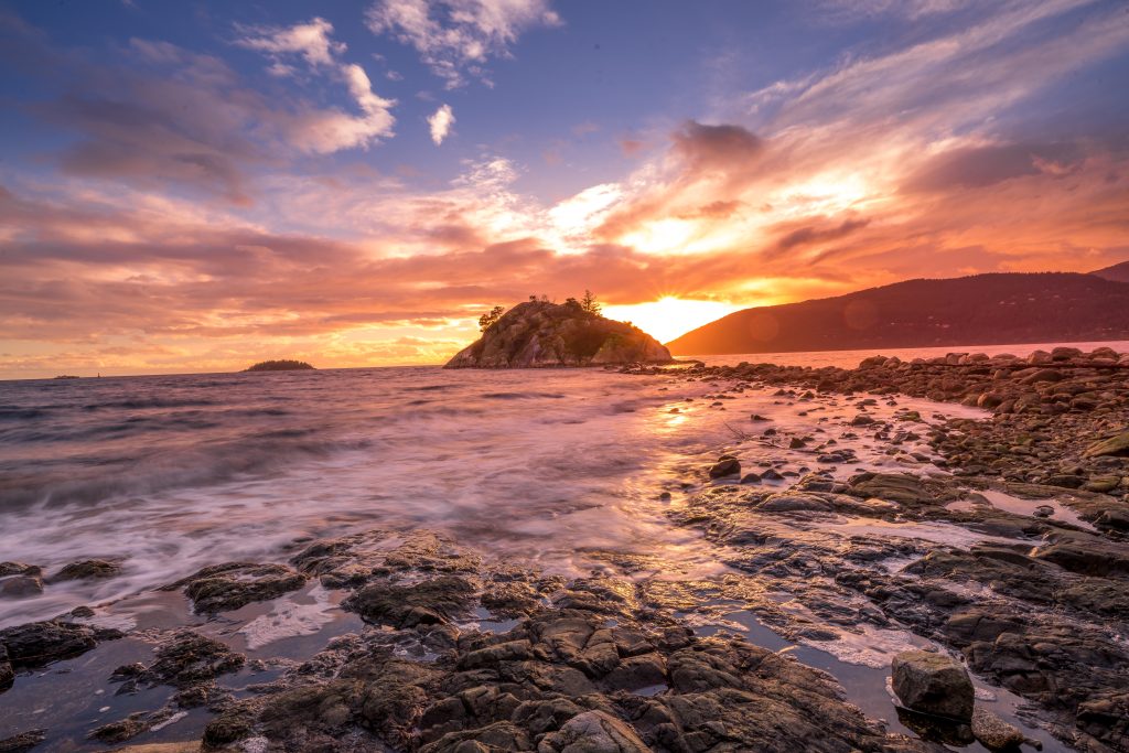 Long Exposure of a Rocky Seashore at Sunset