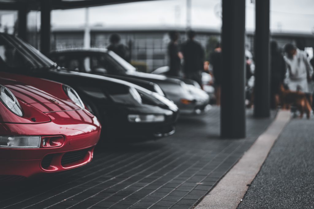 Row of parked Porsche cars