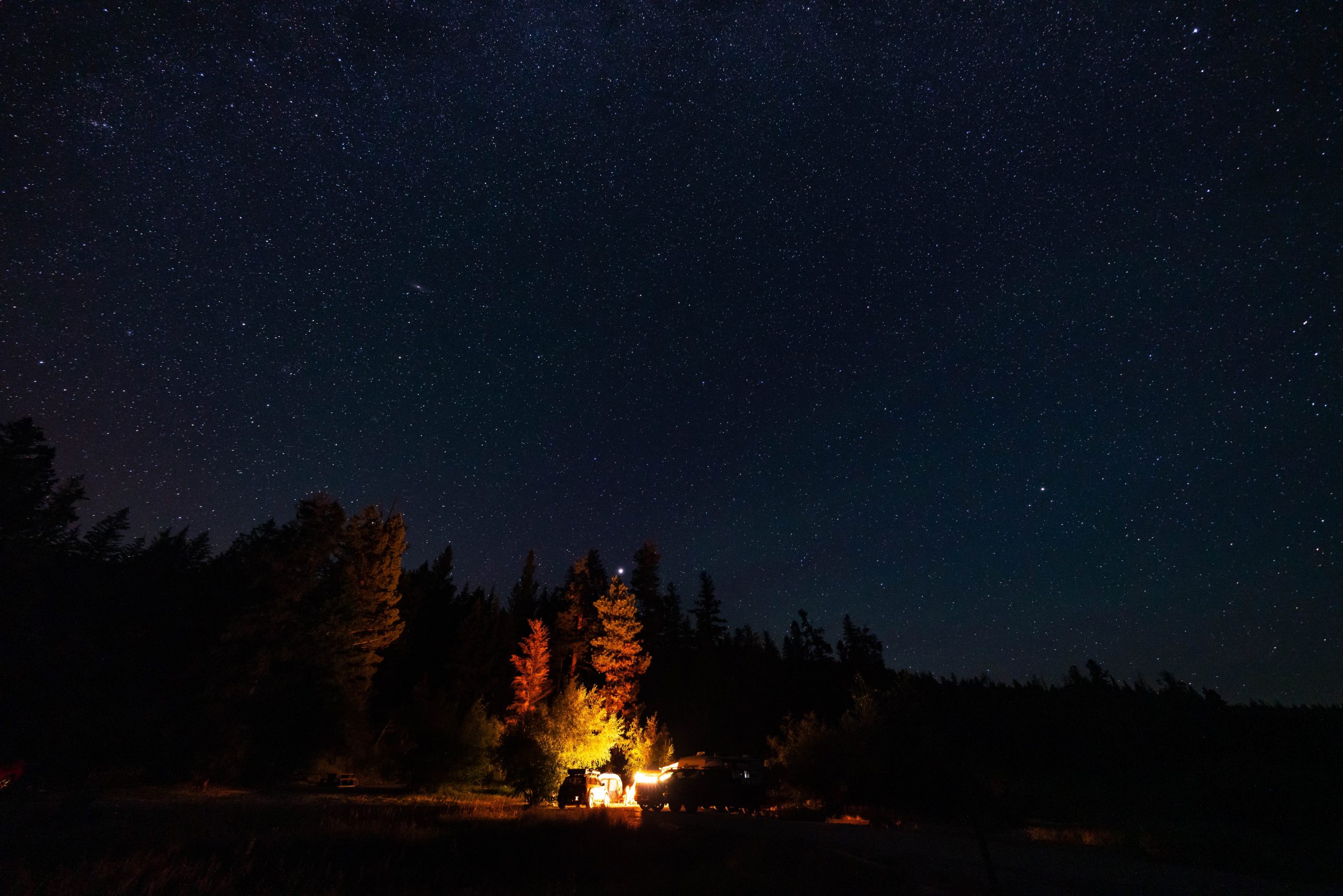 camp light in forest under starry sky scaled