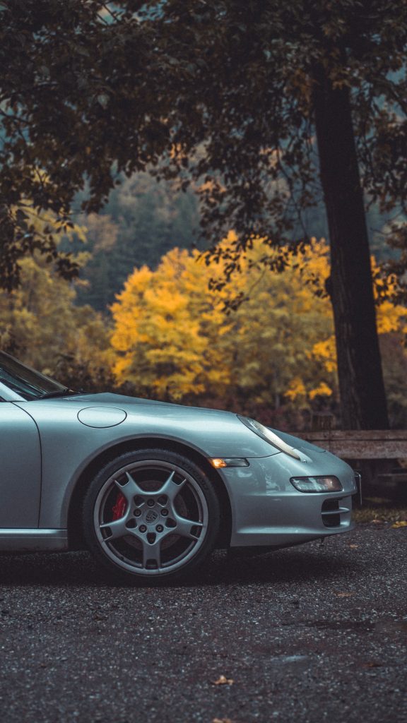 Grey car parked on roadside near tree