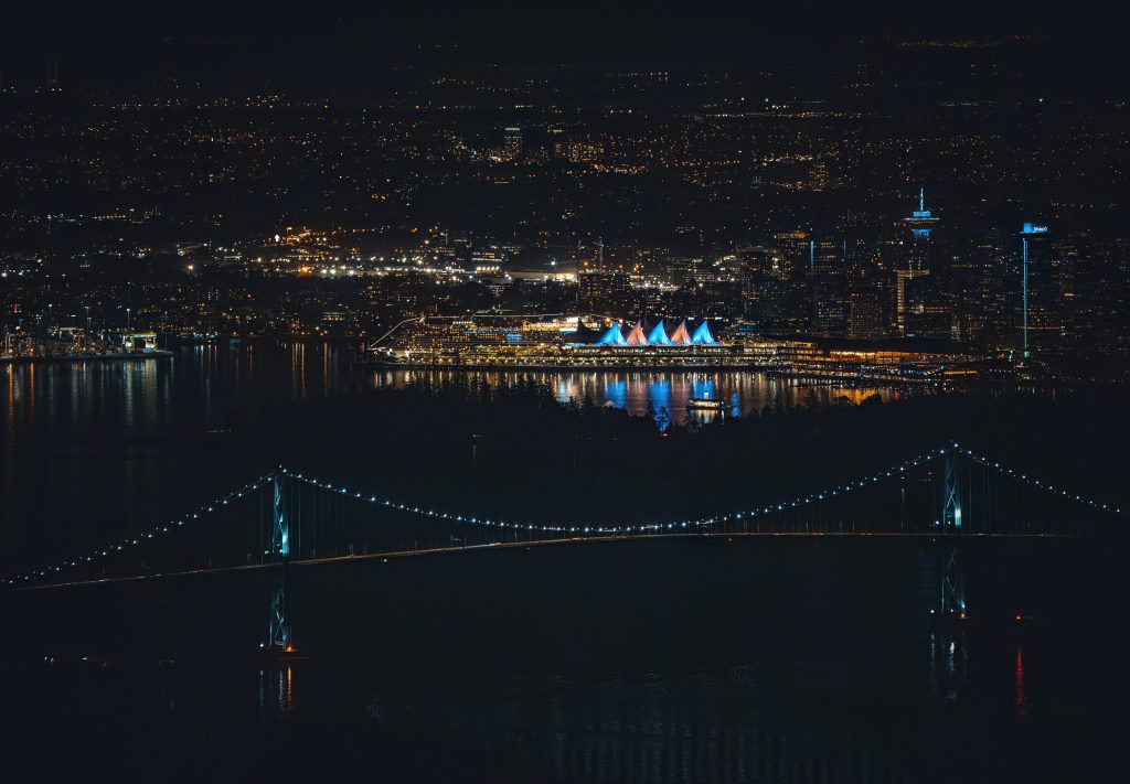 Port city and bridge in light sat night