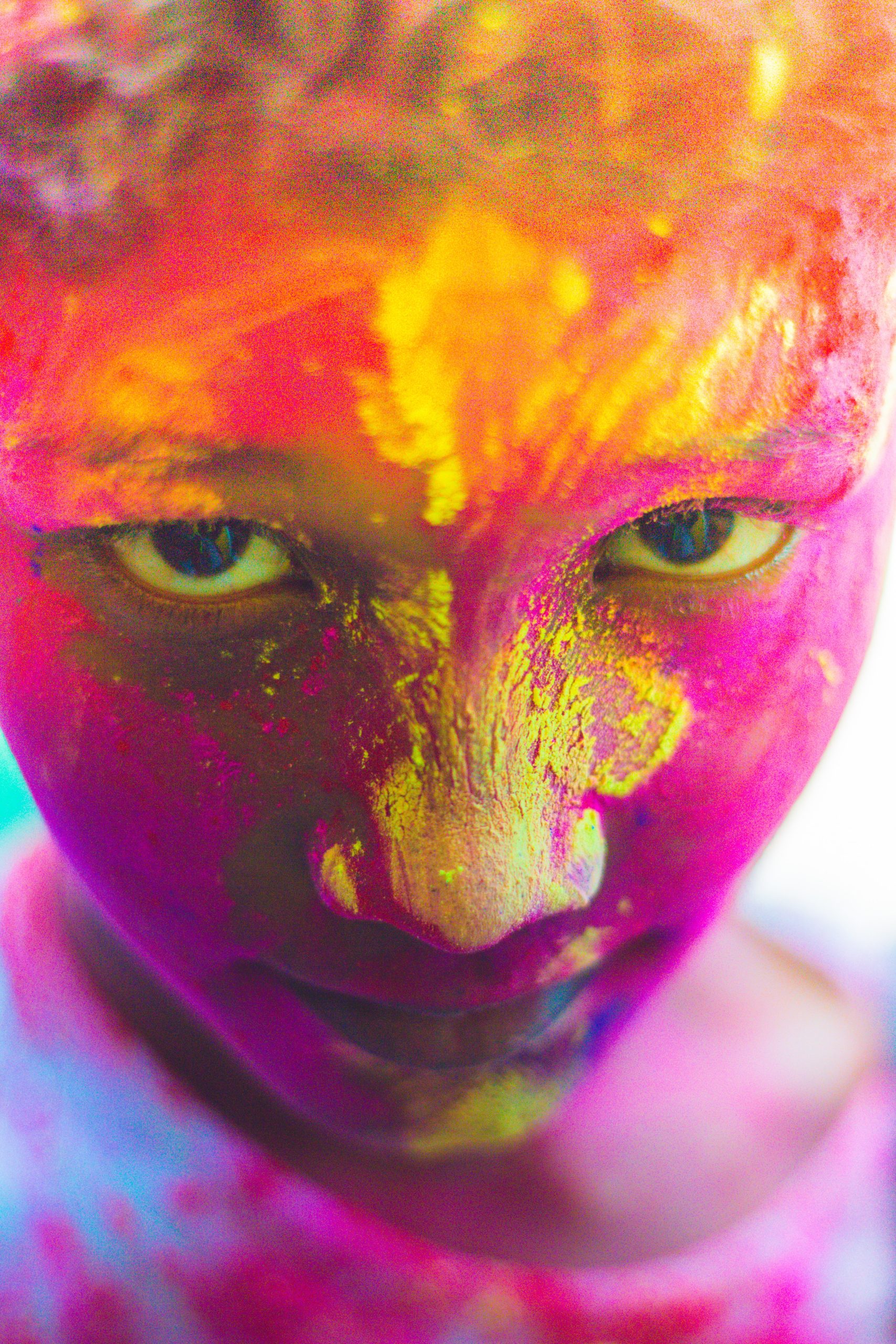 A young Indian girl, her face beaming with joy and excitement, covered in a myriad of vibrant and colorful powder paints during the Holi festival, symbolizing the exuberance, unity, and playfulness of this traditional Indian celebration.